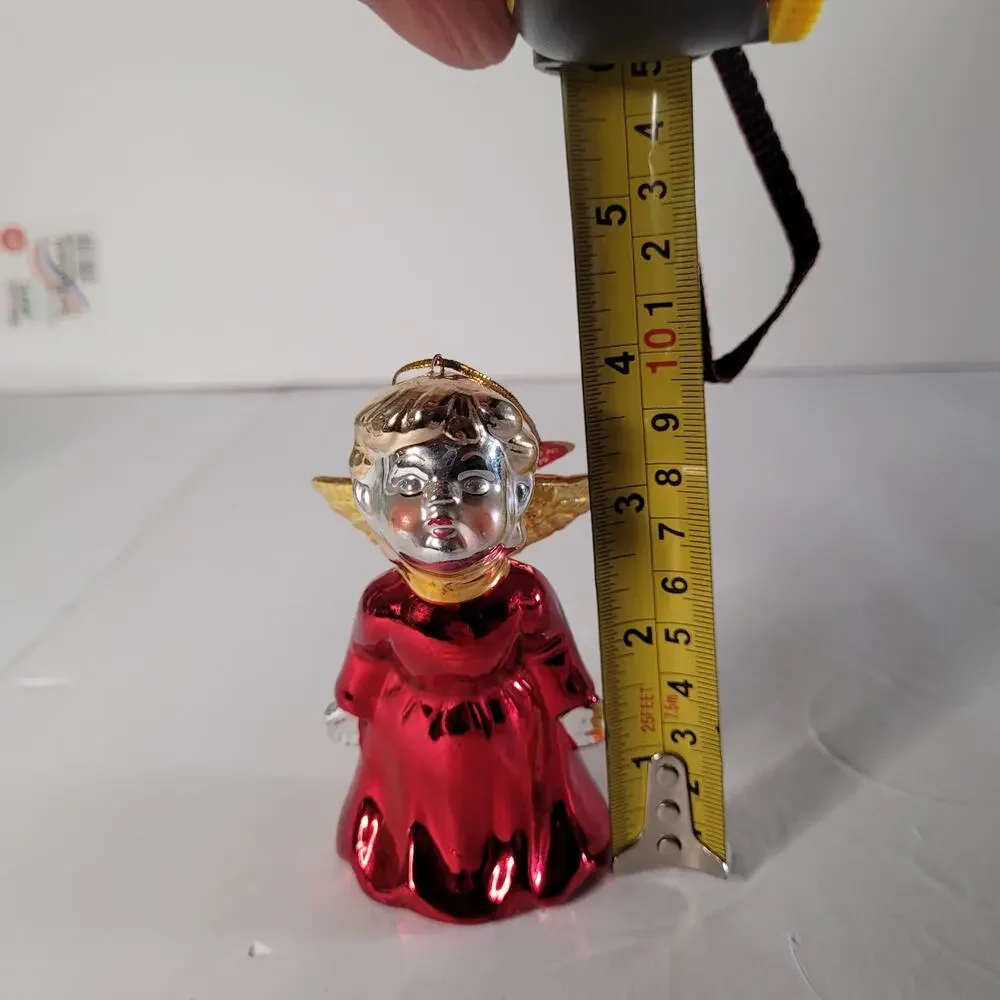 Angel Bell Christmas Ornament - Blond Hair, Red Dress, Gold Wings